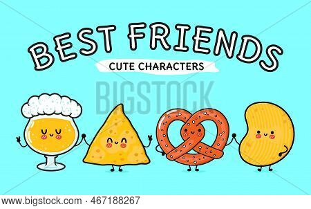 Cute, Funny Happy Glass Of Beer, Nachos, Chips, Pretzel. Vector Hand Drawn Cartoon Kawaii Characters