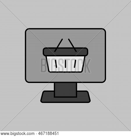 Computer Display With Shopping Cart Grayscale Icon Vector. Online Shoping Basket Symbol, Logo Illust