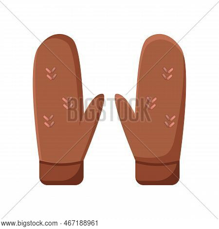 Brown Mittens From Wool Vector Illustration. Crochet, Handmade Woollen Mittens On White Background. 