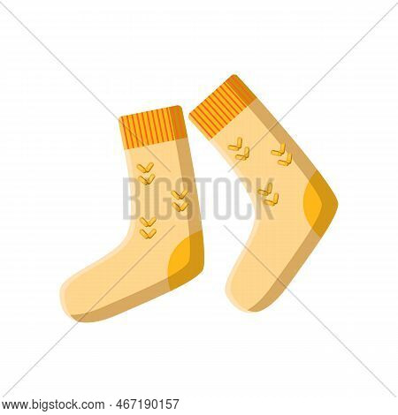Yellow Pair Of Socks From Wool Vector Illustration. Crochet, Handmade Woollen Socks On White Backgro