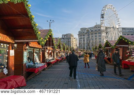 December 14th 2022- Bucharest, Romania. People At Bucharest Christmas Market In Downtown Bucharest, 