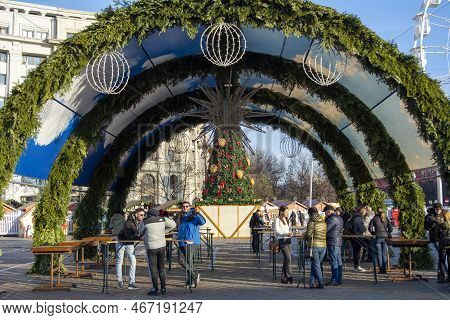 December 14th 2022- Bucharest, Romania. People At Bucharest Christmas Market In Downtown Bucharest, 