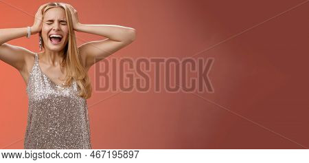 Upset Distressed Pressured Fed Up Panicking Young Blond Woman In Dress Scream Cry Heart Out Being He