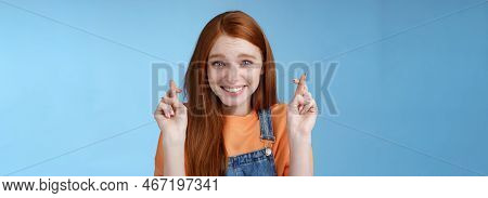 Silly Young Pretty Redhead Girl Blue Eyes Freckles Making Wish Cross Fingers Good Luck Smiling Hopef