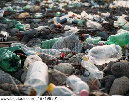 Stone Beach With Plastic Waste. Plastic Bottles In Nature. Environmental Pollution Concept.