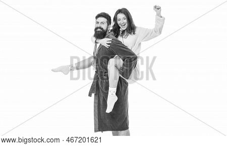 Happy Man Ride Woman Screaming Hurrah In Morning Isolated On White, Piggyback