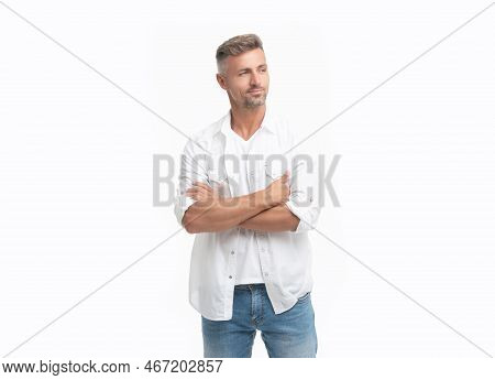 Handsome Grizzled Man Casual Style. Studio Shot Of Grizzled Man. Mature Grizzled Man