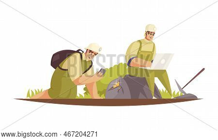 Geologist Composition With Two Male Geologists Having Rest Outdoors With Laptop And Smartphone Vecto