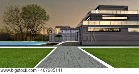 Stunning Walkway Oaved With Gray Granite Stone. White Border On The Green Lawn. Contemporary Villa W
