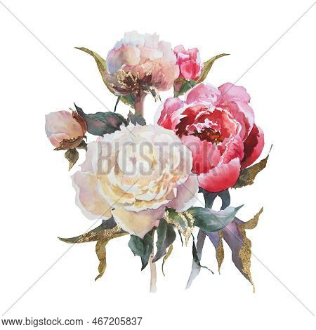 Pink And White Peonies Bouqet With Golden Potal On White Isolated Background Watercolor Hand Drawing