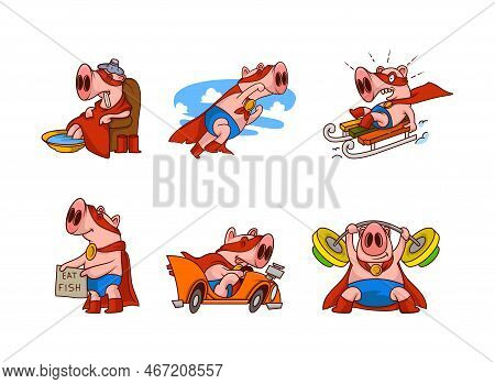 Pink Pig In Red Superhero Cloak And Mask Engaged In Different Activity Vector Set