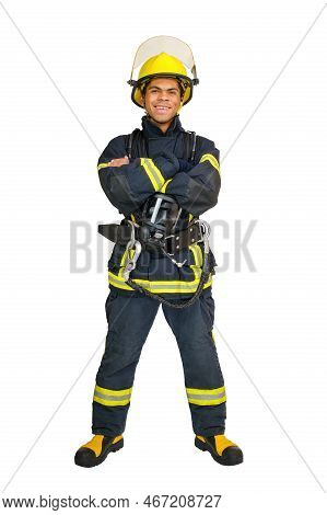 Full Body Young Smiling African American Fireman With Crossed Arms Wearing Yellow Helmet And Firepro