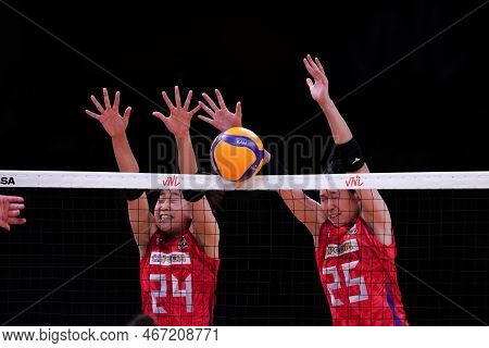 Ankara, Turkiye - July 13, 2022: Matsui Tamaki And Ogawa Erina In Action During Brazil Vs Japan Vnl 