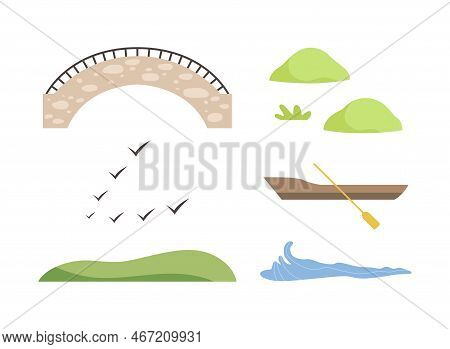 Arched Stone Bridge, Flying Birds, Boat With Oar And Green Bush As Landscape Constructor Element Vec