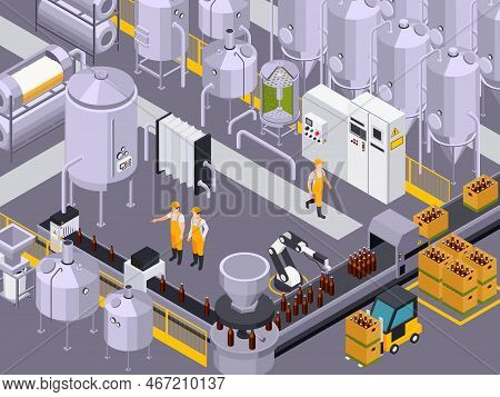 Brewery Beer Production Isometric Composition With View Of Factory Facilities With Keeves And Tubes 