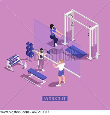 Gym Fitness Workout Centra Corona Pandemic Precautions Clear Plastic Barriers People Wearing Masks I