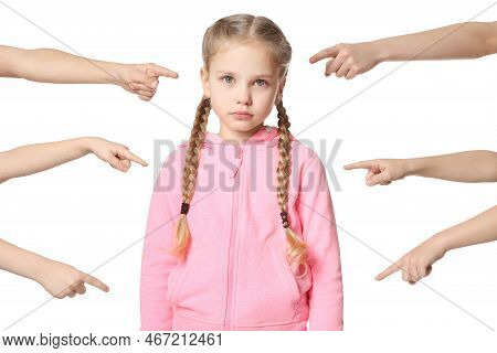 Kids Pointing At Upset Girl On White Background. Children's Bullying