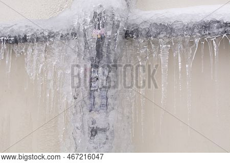 Frozen Pipes. Ice On The Pipes. Winter And Frost