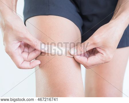 Bandage On Leg Close Up,woman Injured Painful To Heg,little Wounded On Body,people First Aid Treated