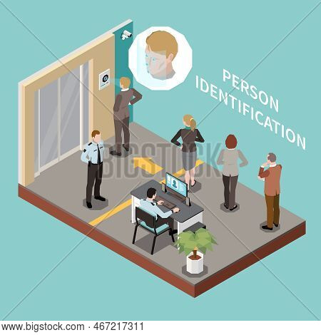 Biometric Authentication Isometric Composition With Security Check Area And People Standing In Line 