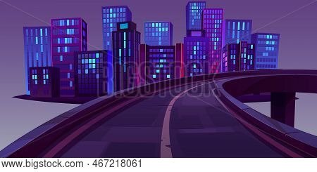 Night Cityscape And Highway Flyover Or Bridge Isolated On Grey Background. Cartoon Vector Illustrati