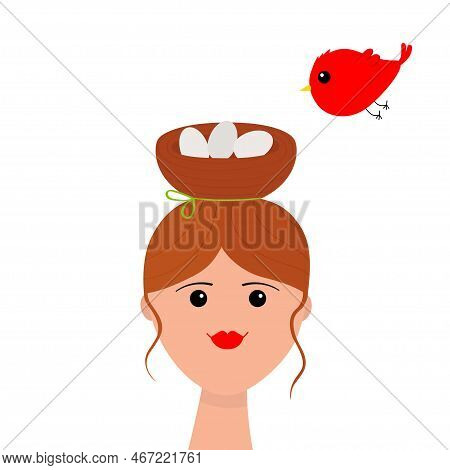 Portrait Of Woman. Bun Hairstyle. Bird Nest With Eggs. Red Hair. Young Girl Face. Beautiful Lady, Fe