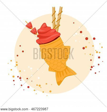 Korean Street Food Sweet Fish Shaped Pastry Bugeoppang With Icecream And Toppings Candy, Strawberry.