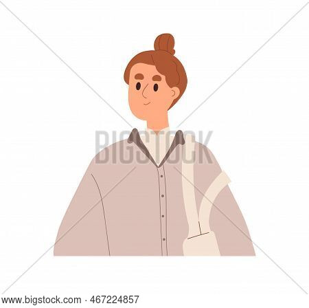 Woman In Casual Clothes, Hair Bun. Smiling Girl In Modern Ordinary Apparel, Shoulder Bag. Young Fema