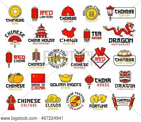 Chinese Food, Festival Holiday And Religion Line Icons. Asian Cuisine Restaurant, Lantern And Red En