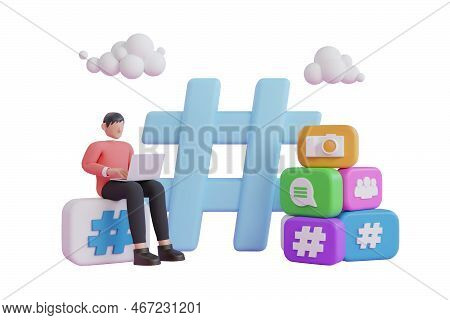 3d Hashtag Search Link Symbol On Social Media Notification Icon. Man With Hashtag Sign. 3d Character