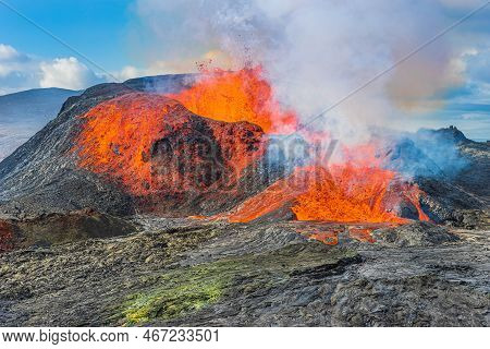Volcanic Eruption In Iceland. Volcano On Reykjanes Peninsula. Strong Lava Flow From A Volcanic Crate