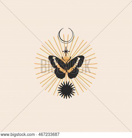 Hand Drawn Vector Abstract Graphic Illustrations Celestial Design Concept With Logo Magic Line Silho