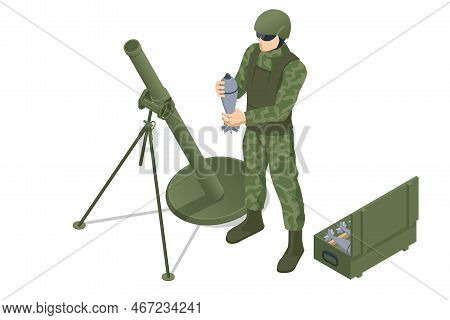 Isometric Special Forces Soldier Police, Swat Team Member. Isometric Soldier With Mortar Crew. Morta