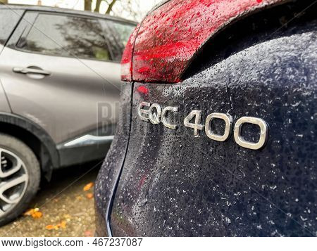 Paris, France - Oct 2, 2022: Rear View Of New Mercedes-benz Eqc 400 With Focus On The Brand Name Emb