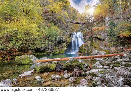 Breathtaking Autumn View Of Popular Tourist Destination  Sum Waterfall In Vintgar Gorge. Location: B