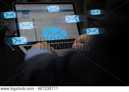 Businessman Send Email Marketing Concept. Person Reading E-mail On Laptop Computer Receive New Messa