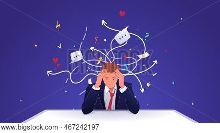Vector Illustration Of An Overworked Man. The Man Holding His Head In His Hands. The Man Is Tired Of