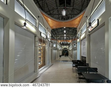 Thessaloniki, Greece - December 9 2022: Renovated Modiano Enclosed Traditional Food Market. Low-angl
