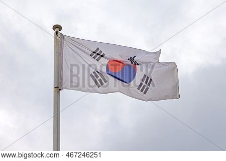 National Flag Taegeukgi Republic Of South Korea At Cloudy Sky