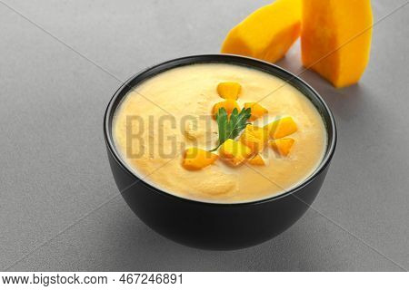 Vegan Curried Pumpkin Lentil Soup Puree In A Bowl. Space For Text. Pescatarian Eating, Flexitarian E