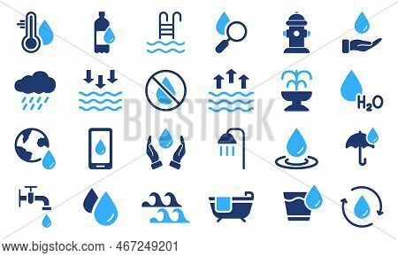 Water Silhouette Icon Set. Low And High Tide, Shower, Mineral Water, Plastic Bottle And Glass Pictog