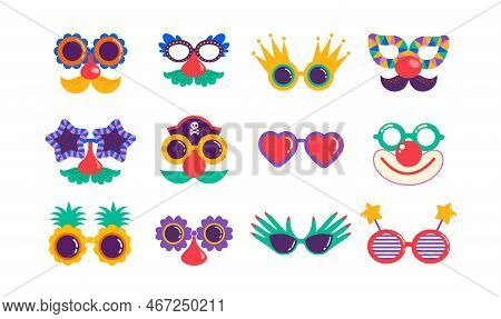 Quirky, Funny And Groucho Nose Glasses. Carnival, Purim, Festival Masks, Costumes Parts. Colorful Ve