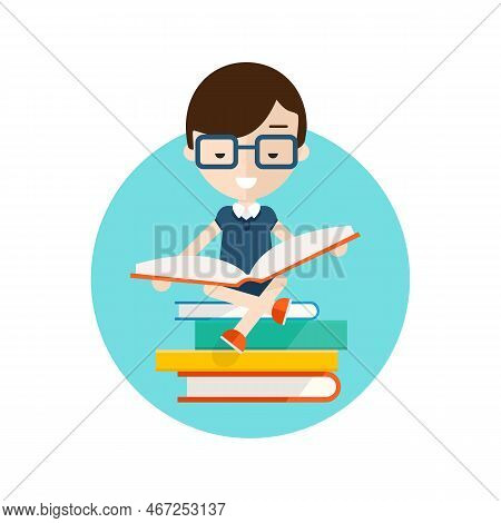 Read Books Icon. Student Sitting On Stock Of Books And Reading. Young Man Preparing For Exams At Uni