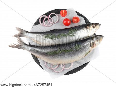 Slate Plate With Salted Herrings, Onion Rings, Dill And Cherry Tomatoes Isolated On White, Top View
