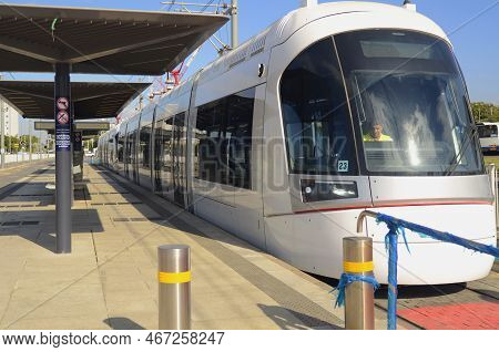 Bat Yam, Israel. December 2022 Dankal Metro Tram. Tel Aviv Light Rail. White Locomotives On Test Dri