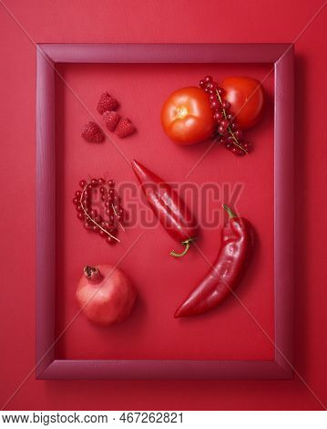 Red Fruits, Berries And Vegetables In Wooden Picture Frame