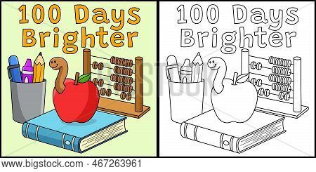 This Coloring Page Shows A 100th Day Of School Brighter. One Side Of This Illustration Is Colored An