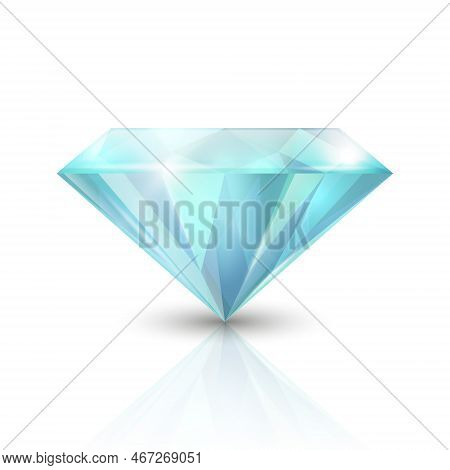 Vector 3d Realistic Blue Transparent Triangular Glowing Gemstone, Diamond, Crystal, Rhinestone Close