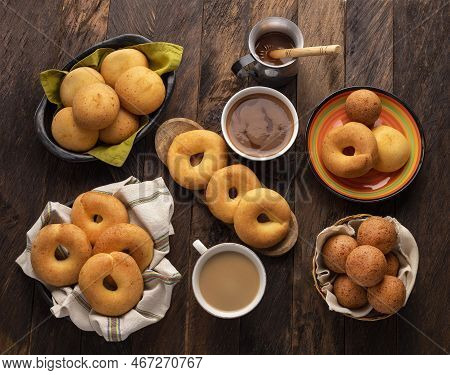 Pandequeso, Buñuelo, Almojabana, Coffee And Chocolate - Typical Colombian Breakfast