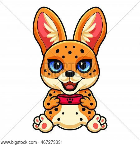 Cute Serval Cat Cartoon Holding Food Bowl